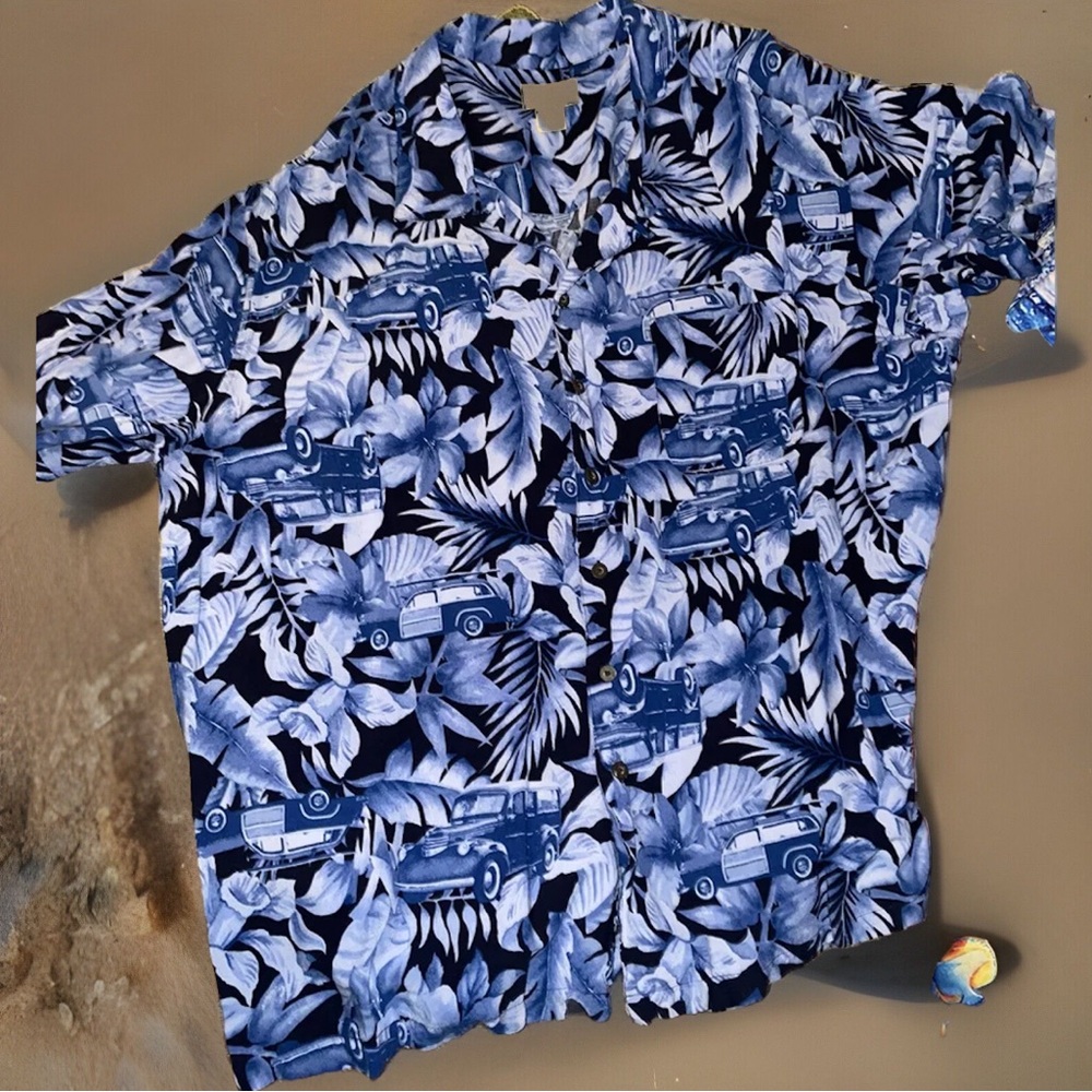 PANAMA JACK Shirt Mens XXXL Hawaiian Surfboard Woody Station Wagon Bright Blue